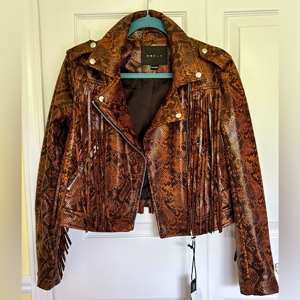BlankNYC Vegan Leather Snake Skin Print Fringe Sleeves Moto Jacket XS NWT